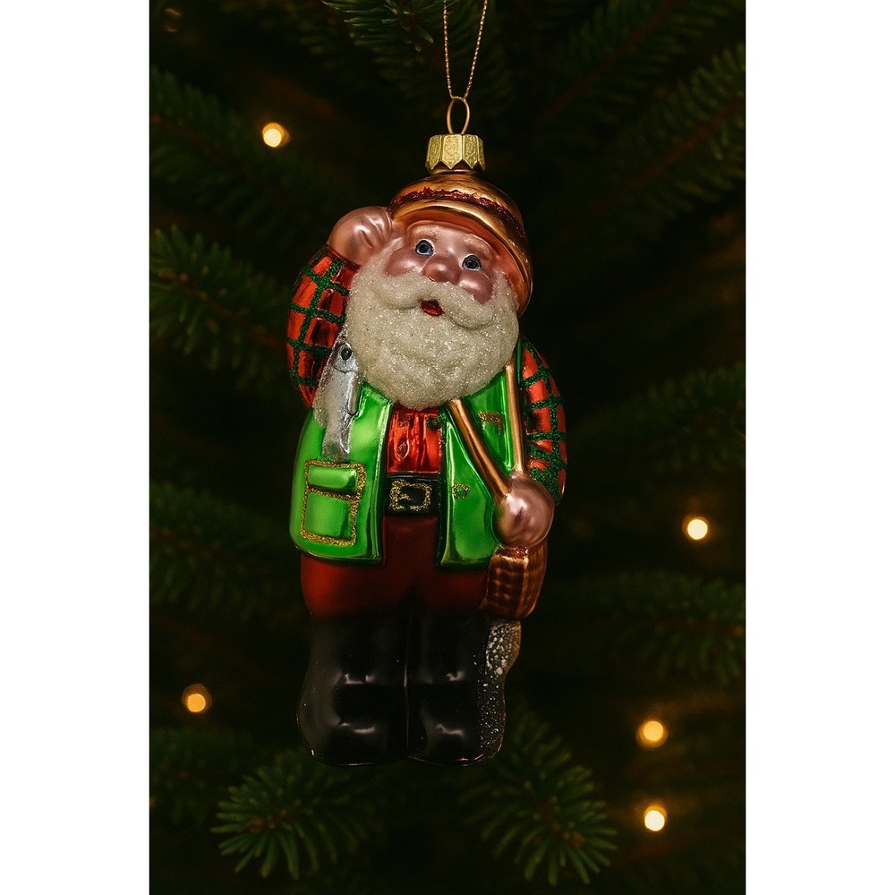 VTG 1990's Holiday Time Ornament Fisherman Fishing Santa Glass Hand Painted